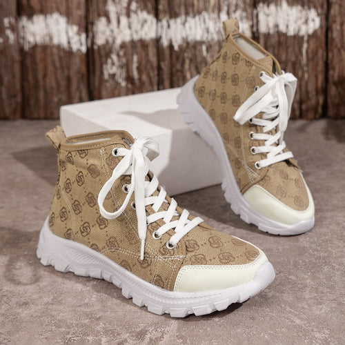 Rose-printed Lace-up Boots Fashion Breathable Canvas Shoes Sports