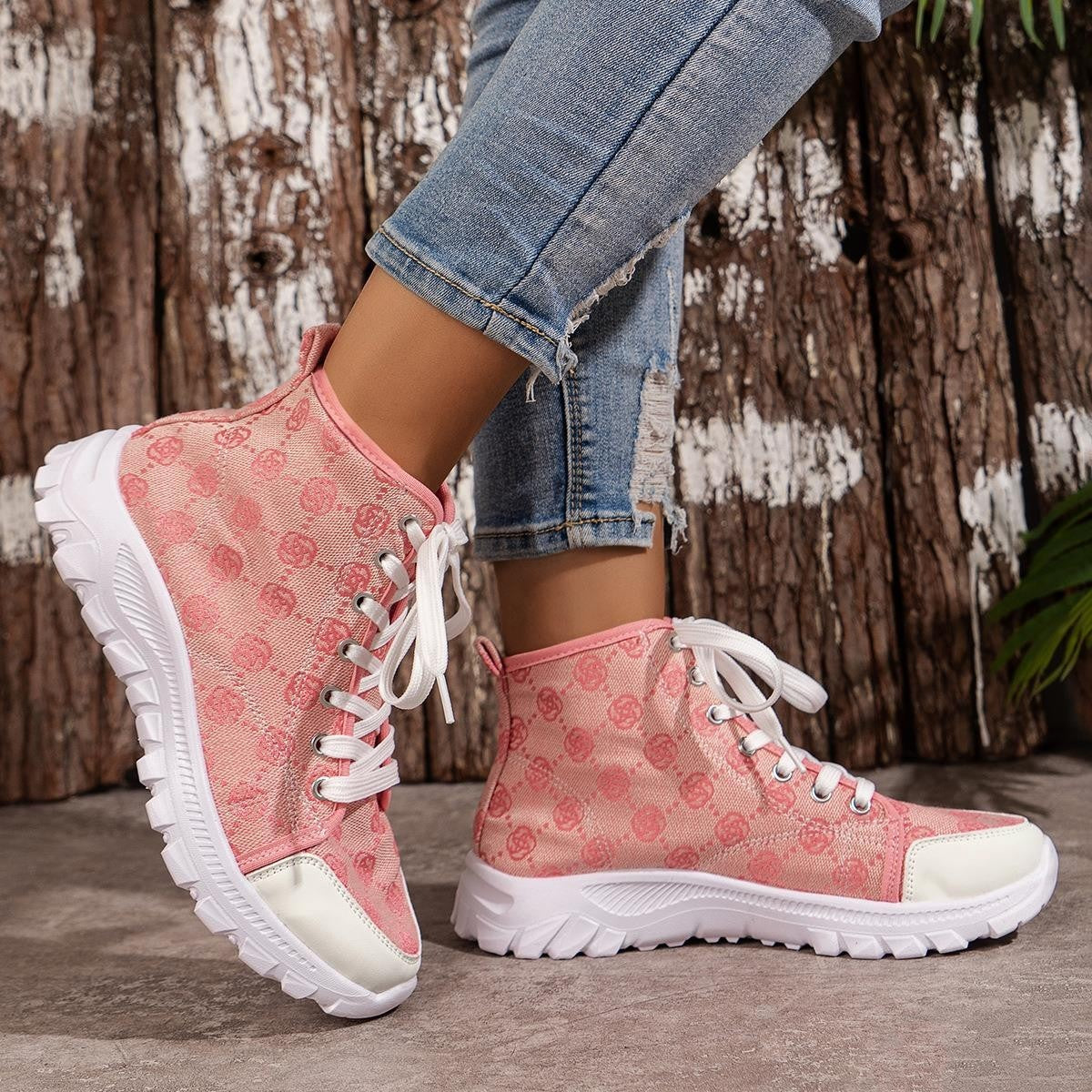 Rose-printed Lace-up Boots Fashion Breathable Canvas Shoes Sports