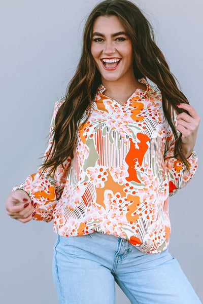 Orange Printed Split V Neck Puff Sleeve Blouse