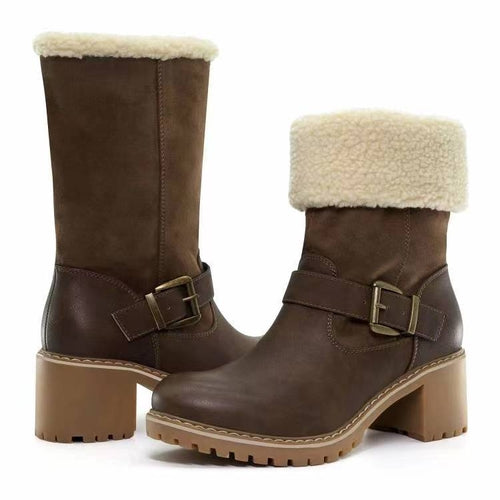 Fashion Boots With Buckle Chunky Heel Shoes Warm Winter Round Toe