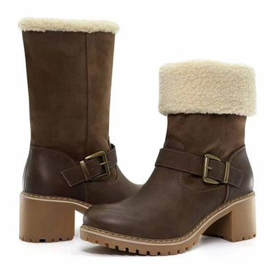 Fashion Boots With Buckle Chunky Heel Shoes Warm Winter Round Toe