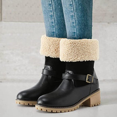 Fashion Boots With Buckle Chunky Heel Shoes Warm Winter Round Toe