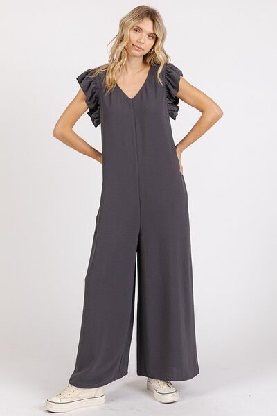 Mittoshop V-Neck Ruffled Jumpsuit with Cap Sleeves and Wide Leg Design