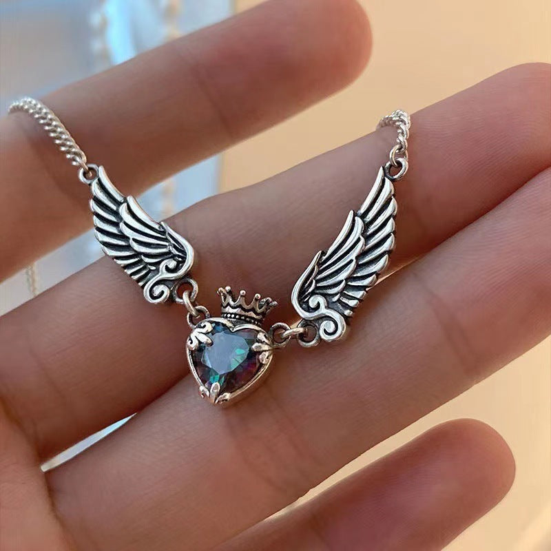 Vintage Gothic Heart Crown Angel Wings Pendant Necklaces For Women