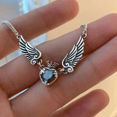 Vintage Gothic Heart Crown Angel Wings Pendant Necklaces For Women
