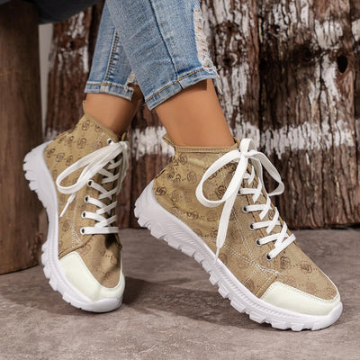 Rose-printed Lace-up Boots Fashion Breathable Canvas Shoes Sports