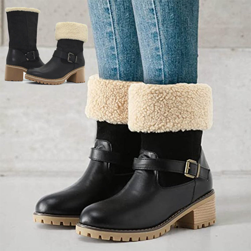 Fashion Boots With Buckle Chunky Heel Shoes Warm Winter Round Toe
