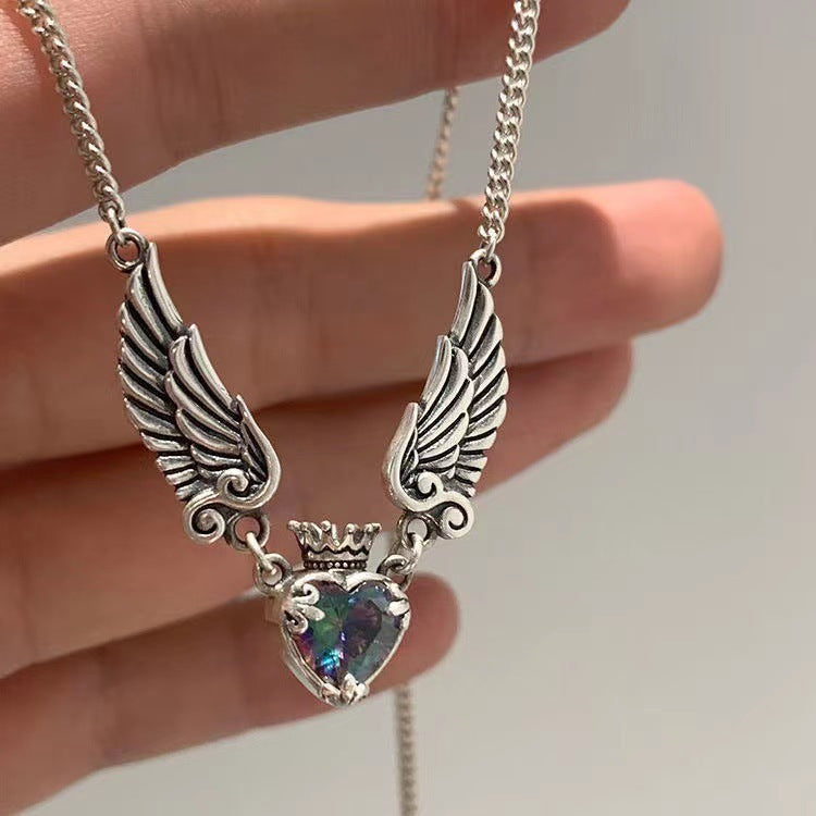 Vintage Gothic Heart Crown Angel Wings Pendant Necklaces For Women