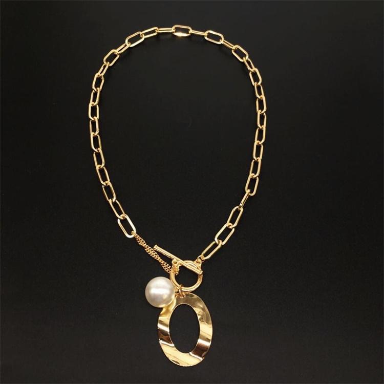 Large Link Necklace with Simulated Pearl