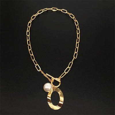 Large Link Necklace with Simulated Pearl