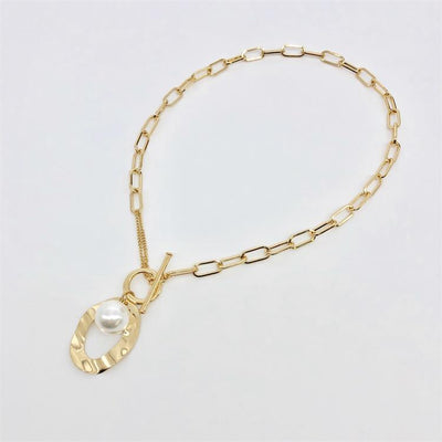 Large Link Necklace with Simulated Pearl