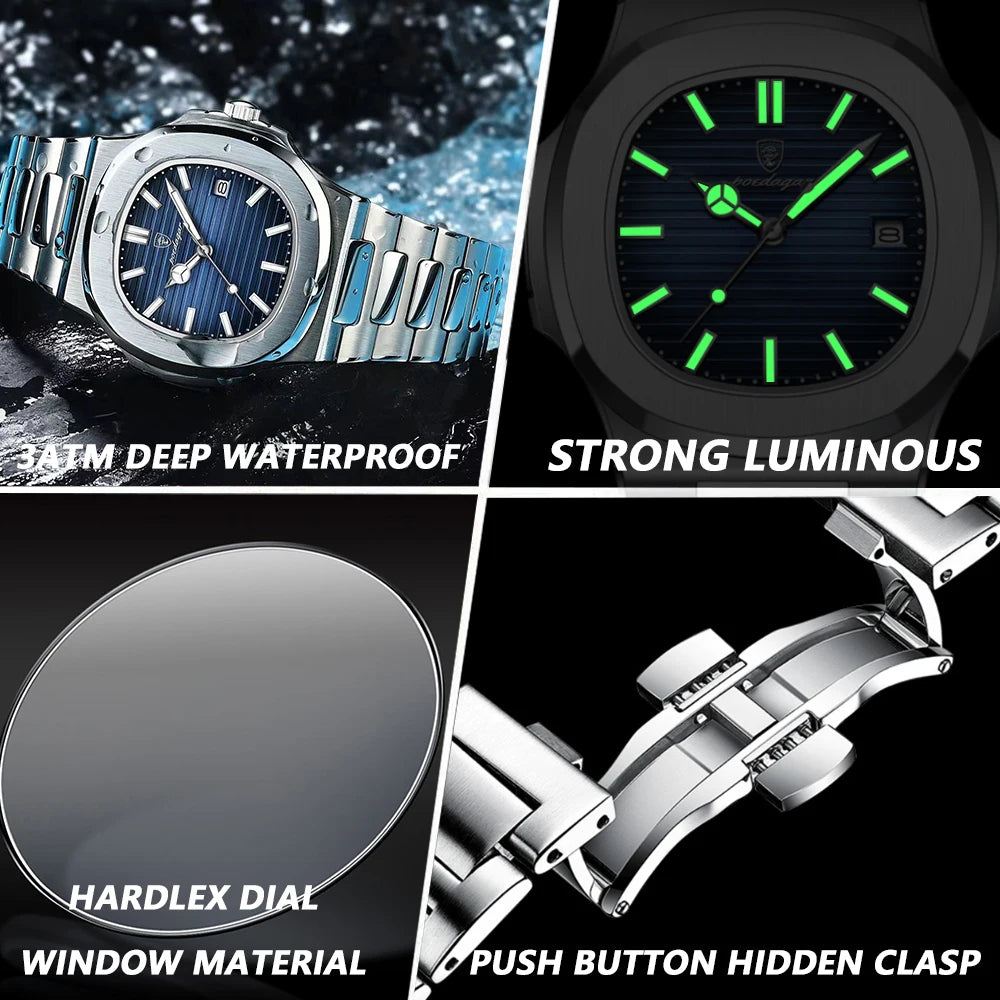 POEDAGAR Square Luxury Men Wristwatch Waterproof Luminous Date