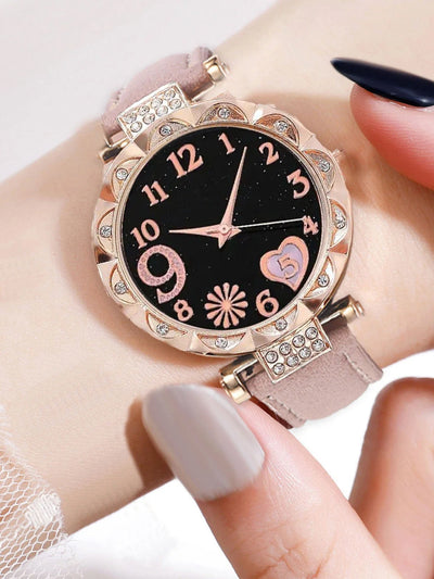6PCS Women's Fashion Quartz Watch Luxury Pink Leather Band Analog