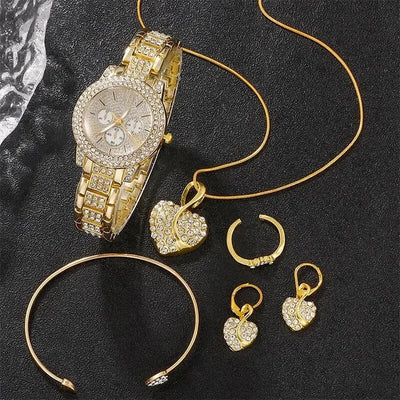 Women's Quartz Watch Gold Luxury Women Ring Necklace Earring