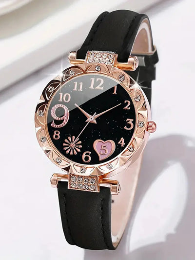 6PCS Women's Fashion Quartz Watch Luxury Pink Leather Band Analog