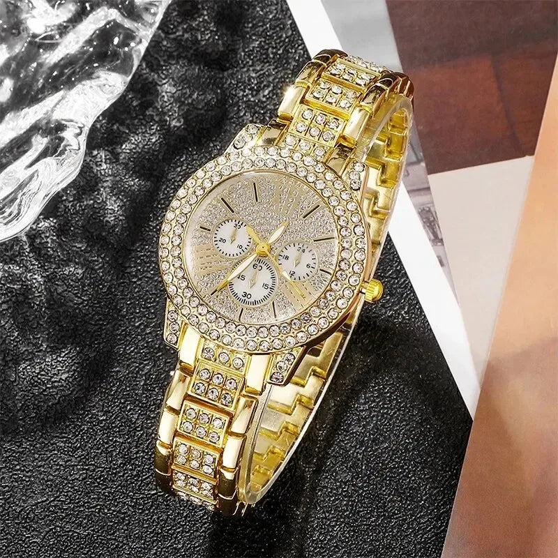 Women's Quartz Watch Gold Luxury Women Ring Necklace Earring