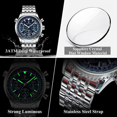 POEDAGAR Business Man Watch Chronograph Date Waterproof Luminous Men's