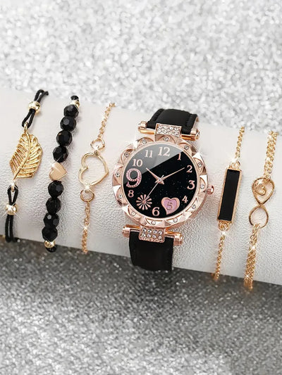 6PCS Women's Fashion Quartz Watch Luxury Pink Leather Band Analog