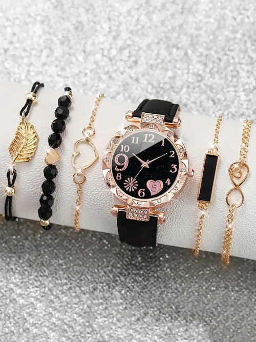 6PCS Women's Fashion Quartz Watch Luxury Pink Leather Band Analog