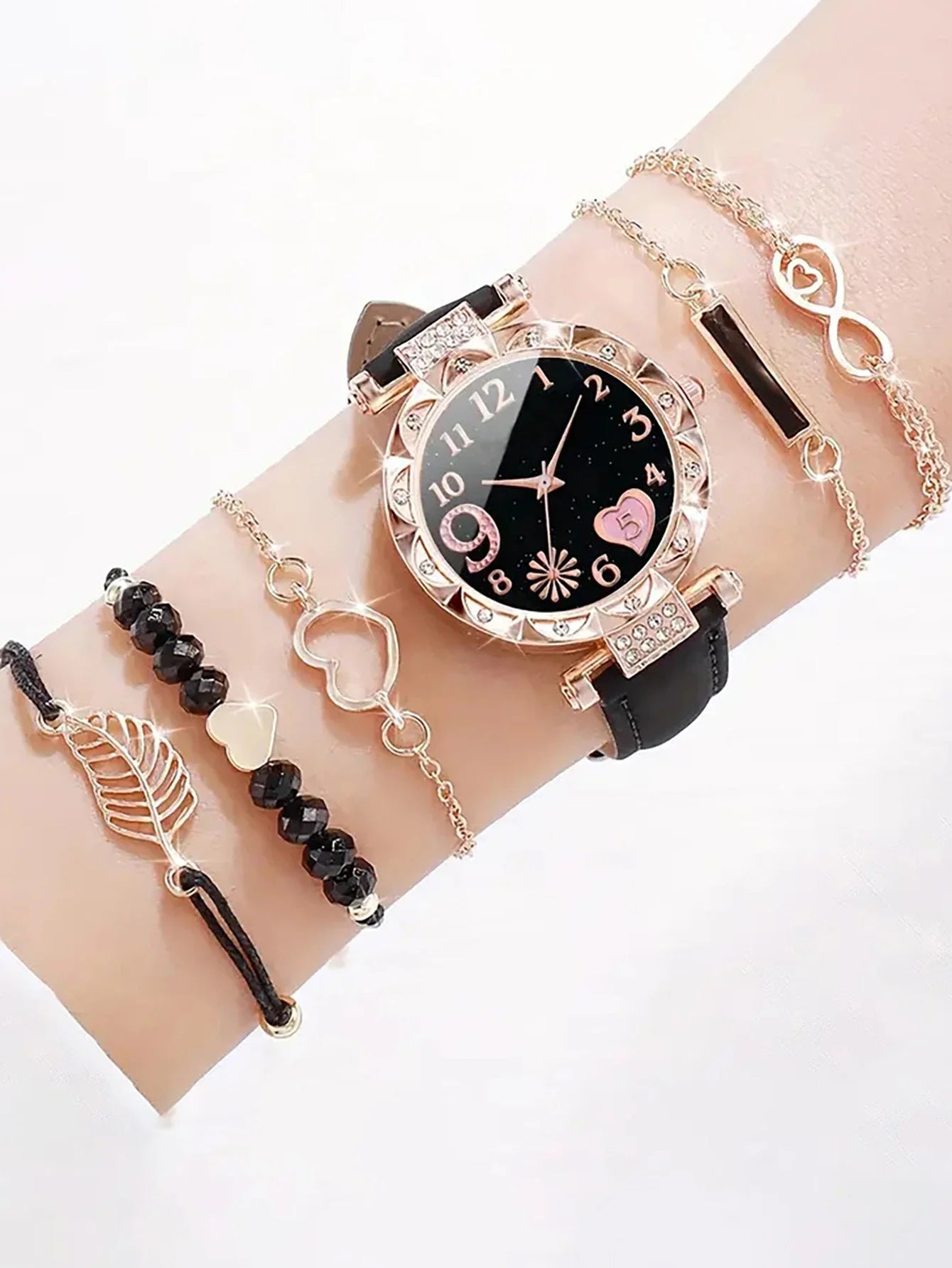 6PCS Women's Fashion Quartz Watch Luxury Pink Leather Band Analog