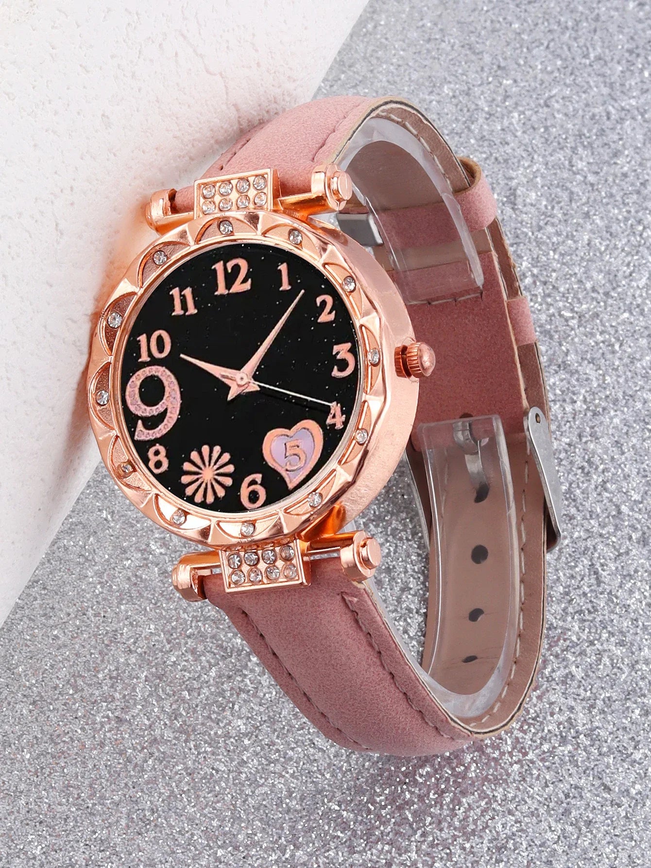 6PCS Women's Fashion Quartz Watch Luxury Pink Leather Band Analog