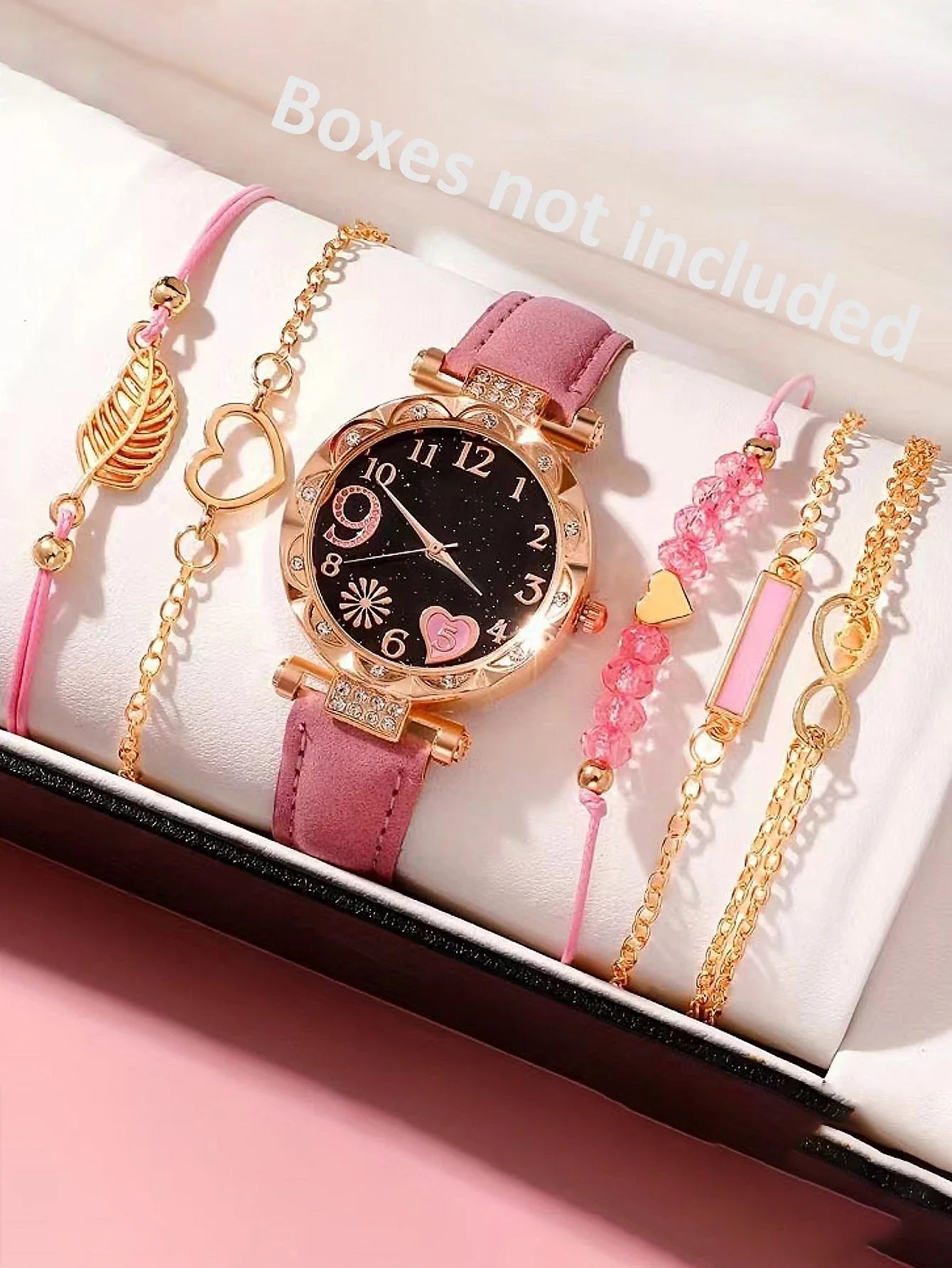6PCS Women's Fashion Quartz Watch Luxury Pink Leather Band Analog