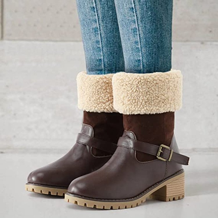 Fashion Boots With Buckle Chunky Heel Shoes Warm Winter Round Toe
