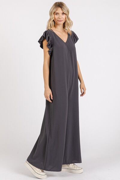 Mittoshop V-Neck Ruffled Jumpsuit with Cap Sleeves and Wide Leg Design