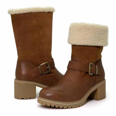 Fashion Boots With Buckle Chunky Heel Shoes Warm Winter Round Toe