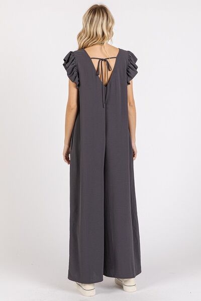 Mittoshop V-Neck Ruffled Jumpsuit with Cap Sleeves and Wide Leg Design