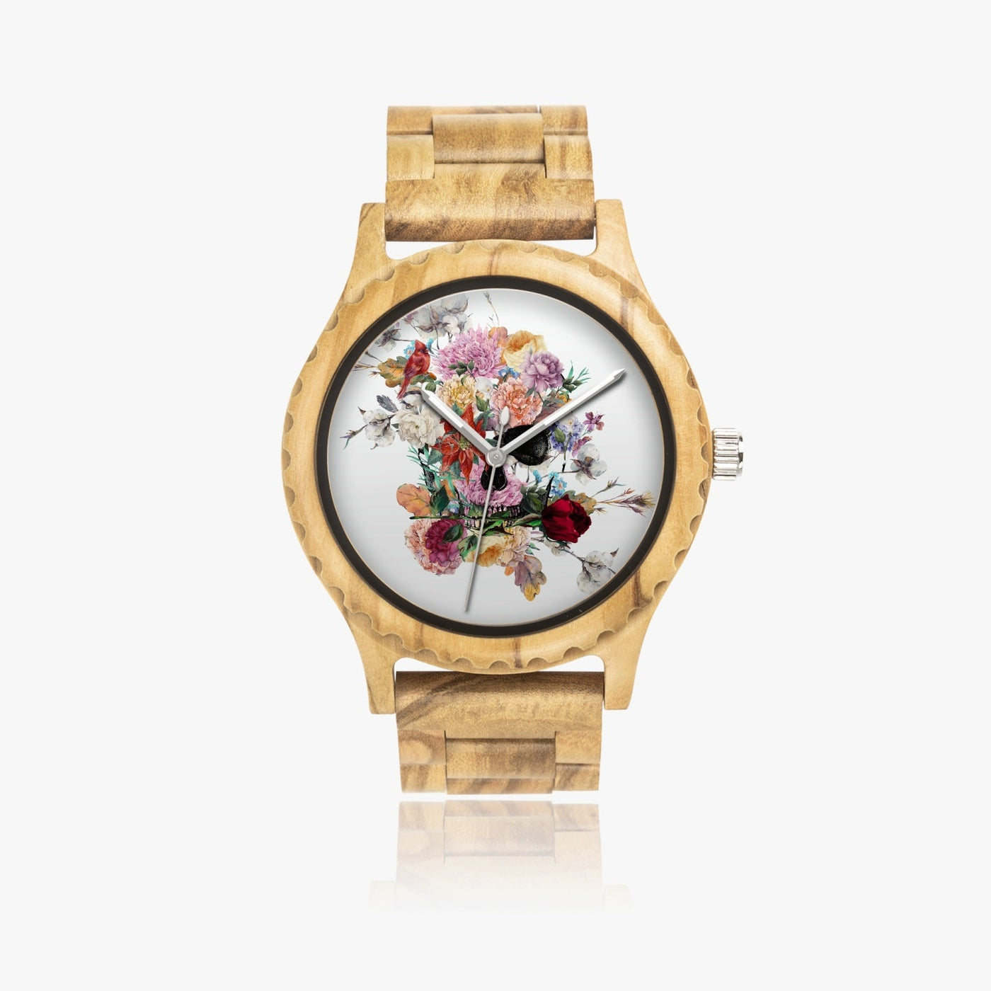 Jacki Easlick Floral Skull Italian Olive Lumber Wooden Watch