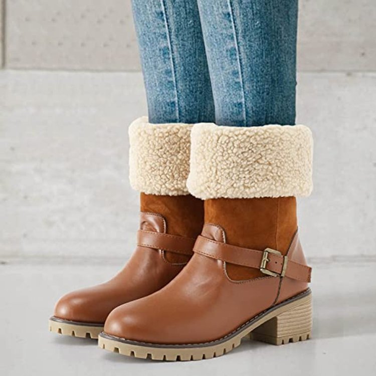 Fashion Boots With Buckle Chunky Heel Shoes Warm Winter Round Toe