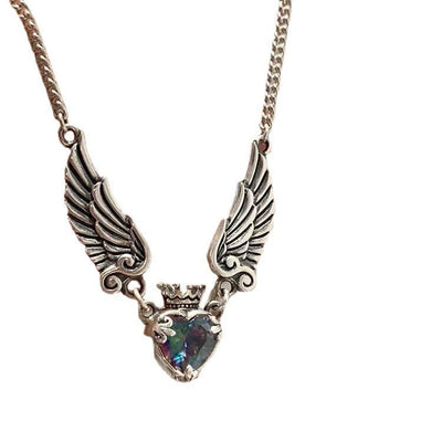 Vintage Gothic Heart Crown Angel Wings Pendant Necklaces For Women