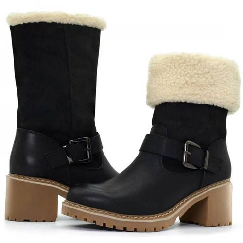 Fashion Boots With Buckle Chunky Heel Shoes Warm Winter Round Toe