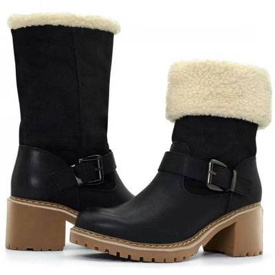 Fashion Boots With Buckle Chunky Heel Shoes Warm Winter Round Toe