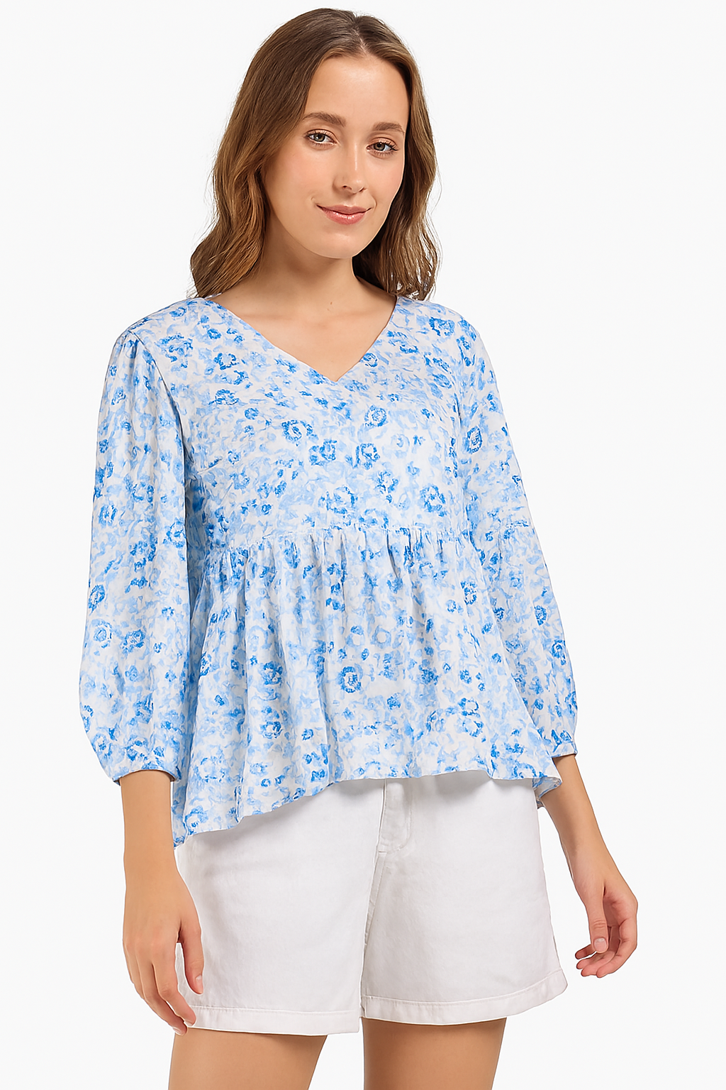 Women’s Blue Floral Printed V-Neck Peplum Blouse with Long Sleeves-XL