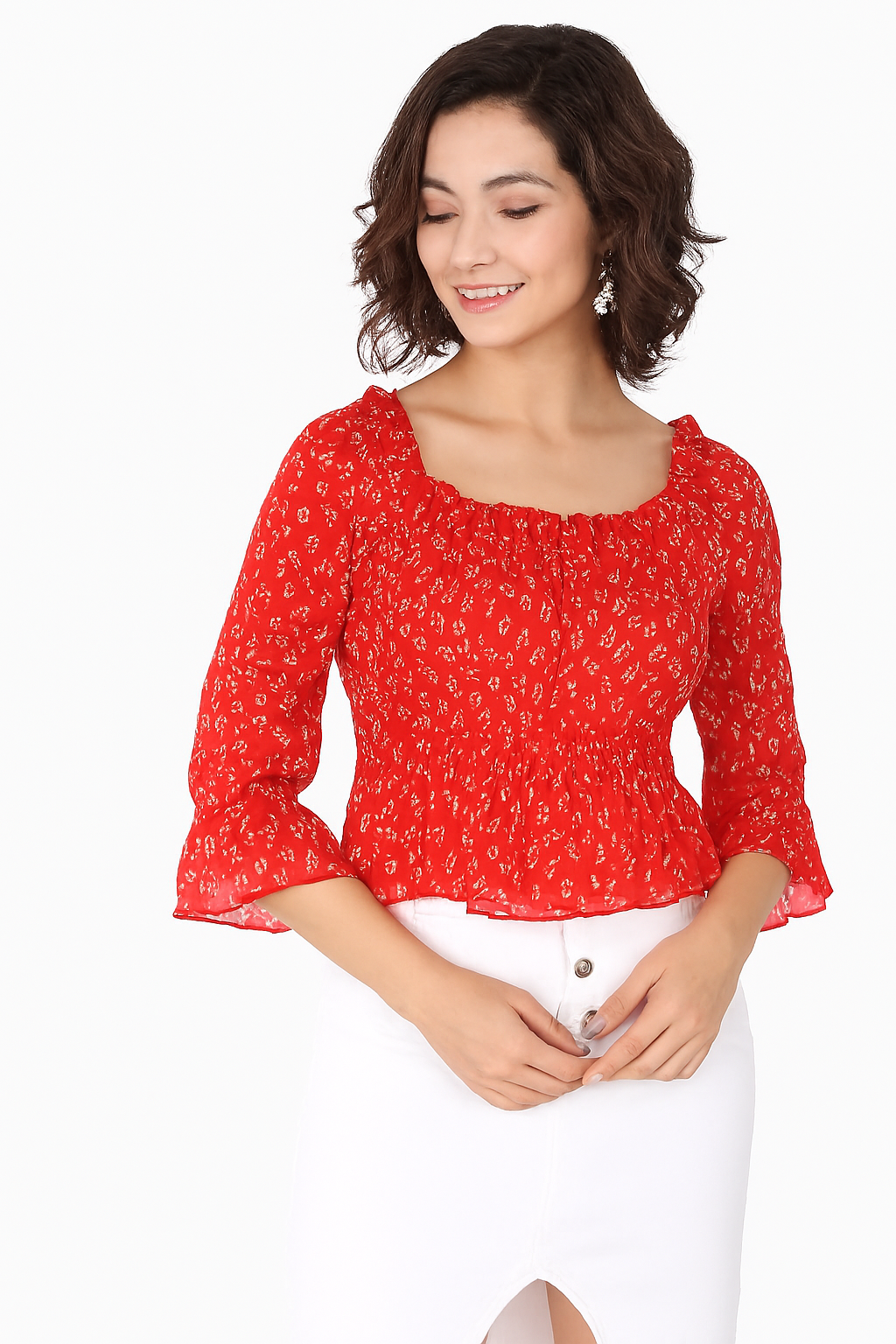 Women’s Red Printed Square Neck Top with Flared Sleeves-2XL