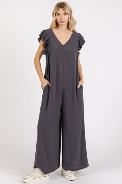 Mittoshop V-Neck Ruffled Jumpsuit with Cap Sleeves and Wide Leg Design