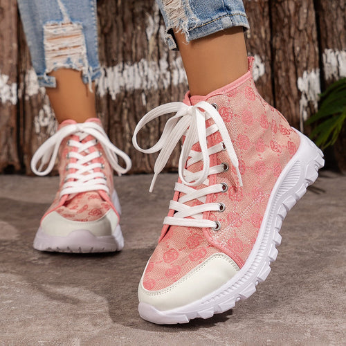 Rose-printed Lace-up Boots Fashion Breathable Canvas Shoes Sports