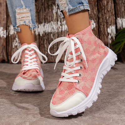 Rose-printed Lace-up Boots Fashion Breathable Canvas Shoes Sports