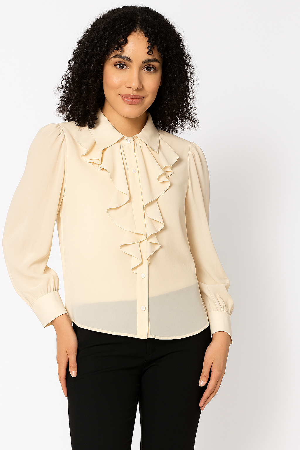 Women’s Elegant Ruffle Front Shirt with Full Sleeves-XL